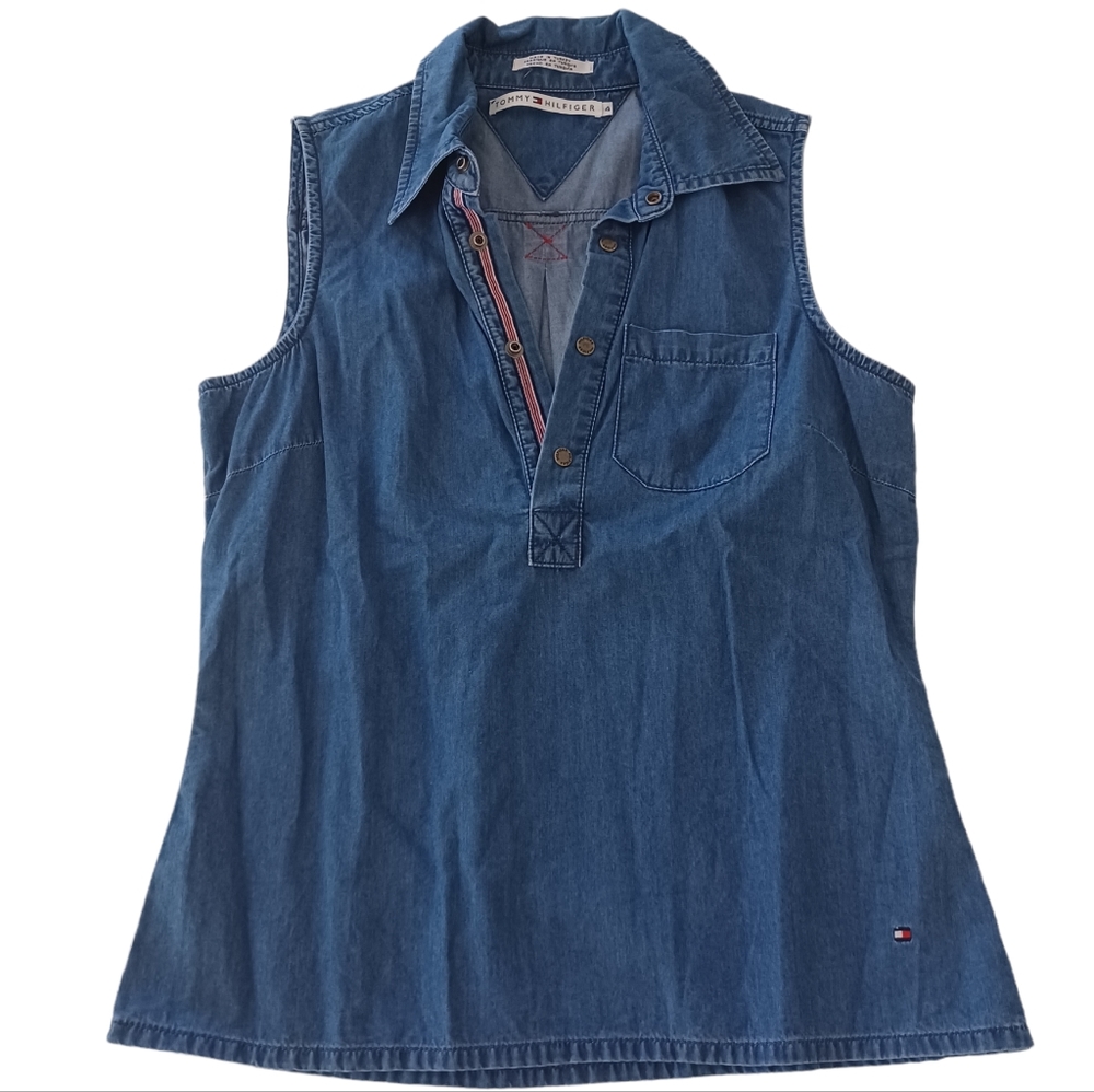 Tommy Hilfiger Size 4 Denim Vest Top Button 100% Cotton Blue Wash Denim